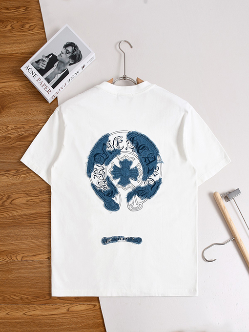 クロムハーツコピー デニムパッチウォッシュのクロスと蹄鉄の花柄半袖Tシャツ