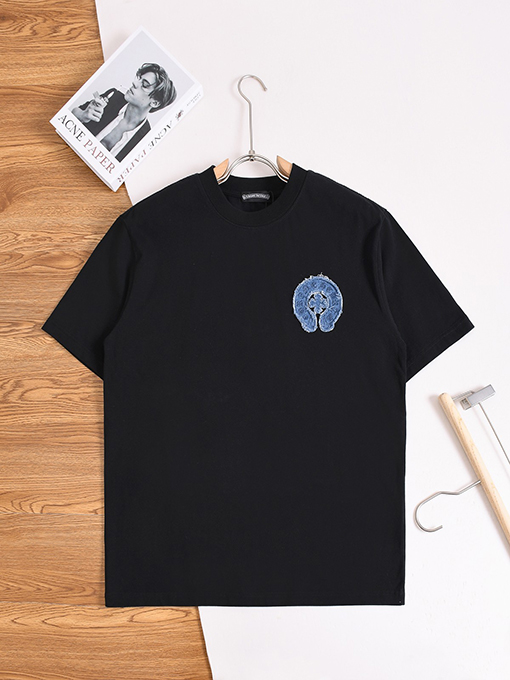 クロムハーツコピー デニムパッチウォッシュのクロスと蹄鉄の花柄半袖Tシャツ