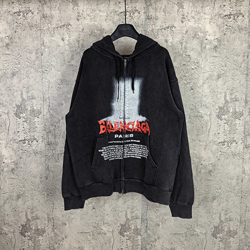 バレンシアガスーパーコピー BALENCIAGA ファッショナブルなダメージのロゴレターダイレクトプリントウォッシュとヴィンテージ風ジップアップパーカー