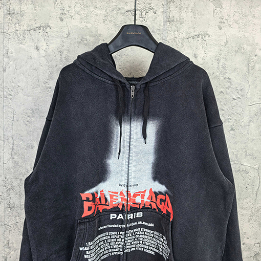 バレンシアガスーパーコピー BALENCIAGA ファッショナブルなダメージのロゴレターダイレクトプリントウォッシュとヴィンテージ風ジップアップパーカー