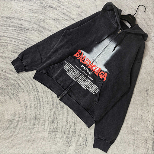 バレンシアガスーパーコピー BALENCIAGA ファッショナブルなダメージのロゴレターダイレクトプリントウォッシュとヴィンテージ風ジップアップパーカー