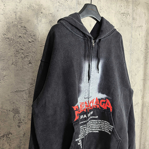 バレンシアガスーパーコピー BALENCIAGA ファッショナブルなダメージのロゴレターダイレクトプリントウォッシュとヴィンテージ風ジップアップパーカー