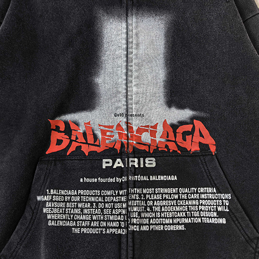 バレンシアガスーパーコピー BALENCIAGA ファッショナブルなダメージのロゴレターダイレクトプリントウォッシュとヴィンテージ風ジップアップパーカー