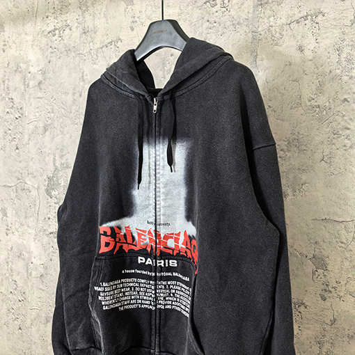 バレンシアガスーパーコピー BALENCIAGA ファッショナブルなダメージのロゴレターダイレクトプリントウォッシュとヴィンテージ風ジップアップパーカー