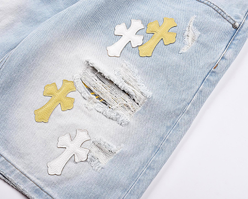 クロムハーツスーパーコピー アメリカンスタイルのウォッシュドレザー刺繍入りダメージショーツ